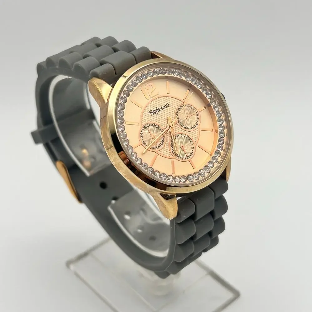 Style & Co Rose Gold Crystals  Gray Silicon Band 37mm Women’s Watch Working